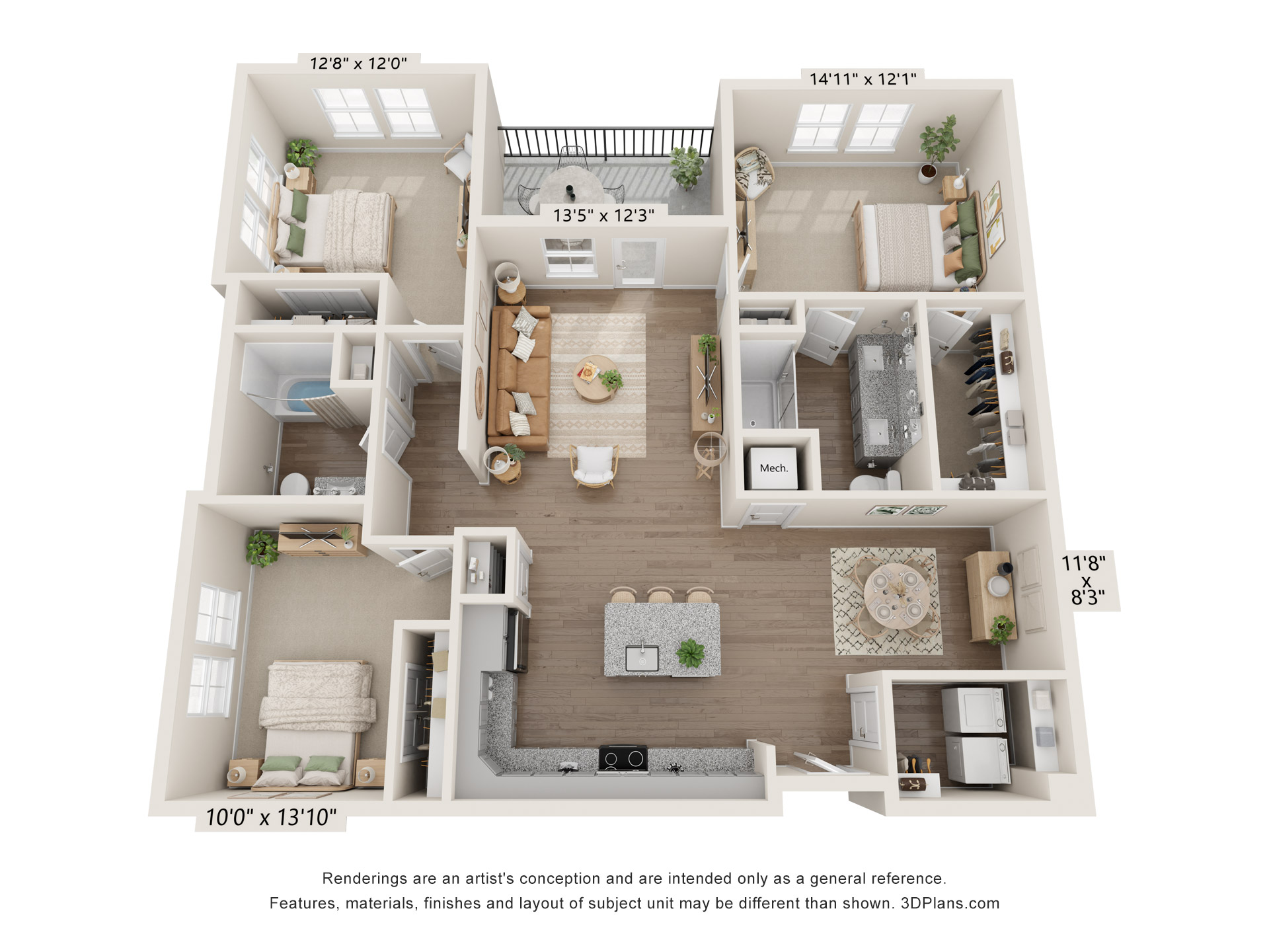 Floor plan for 3 beds, 2 baths, 1429 sqft